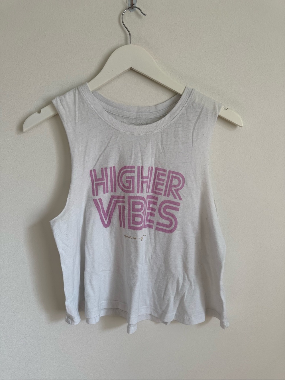 Spiritual Gangster White Tank with Pink "Higher Vibes" Graphic